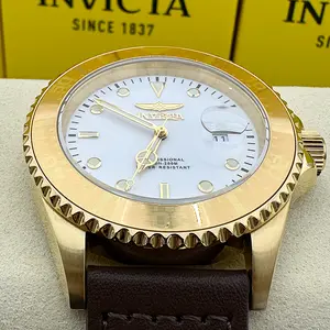 Invicta Pro Diver White Luminous Dial Gold Bezel Leather Strap Watch for Everyday Wear - Classic Design with Modern Features
