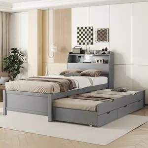 Twin /Full Size Wooden LED Platform Bed with Trundle, with Storage Headboard, with Drawers