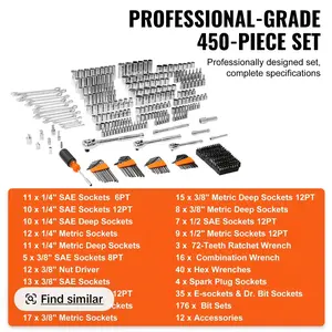 VEVOR Mechanics Tool Set and Socket Set, Various specifications, with 1/4" 3/8" 1/2" Drive Deep and Standard Sockets, Max 450 Pcs SAE and Metric Tools, Portable Mechanics Kit Wrench Hardware