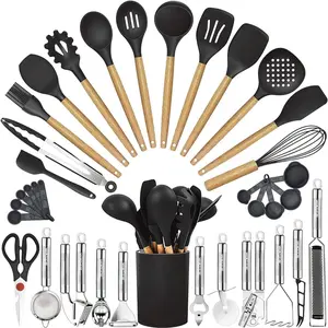 35 PCs Kitchen Utensils with Grater,Tongs-Cooking Utensils Set-  Spoon Spatula &Turner Made of Heat Resistant Food Grade Silicone and Wooden Handles Kitchen Gadgets Tools Set for Nonstick Cookware