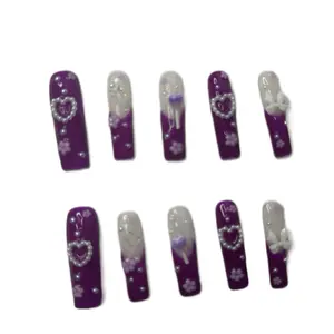Acrylic Nails Handmade - Purple Design with Heart and Flower Patterns for Handcrafted Nail Art