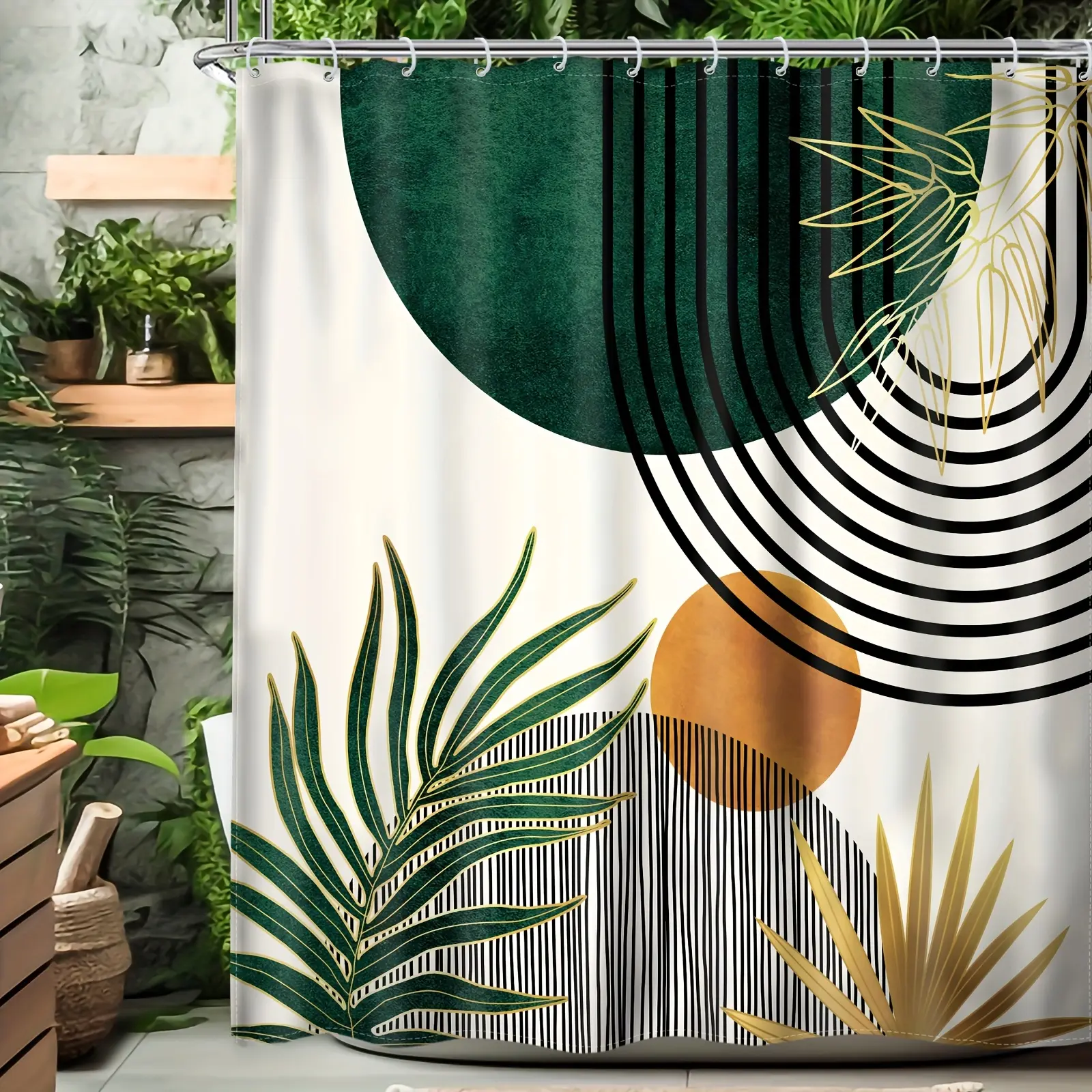 Bohemian Mid-Century Abstract Shower Curtain Set Modern Minimal Aesthetic Leaf Arch Green Geometric Watercolor Decorative Bathroom Accessories Minimalist Friend