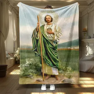 Saint Judas Religious Oil Painting Theme Flannel Blanket, Large Size, Soft, Lightweight, Warm, Perfect for All Seasons