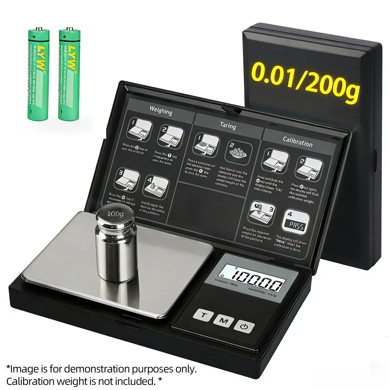 High Precision Digital Pocket Scale, 200g/0.01g Mini Industrial Jewelry Scale with Stainless Steel Platform, LCD Display, Tare Calibration, 100g Weight, 2 AAA Batteries for Coffee, Crafts