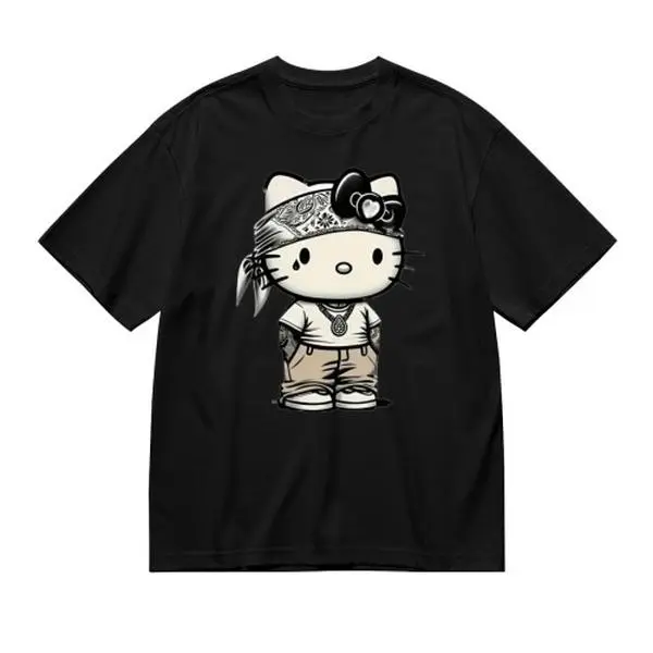 Sanrio Hello Kitty Short-Sleeve T-Shirt - Cool Hip-Hop Full-Body Cartoon Print, For Alternative Sanrio Collectors & Street Photo Shoots