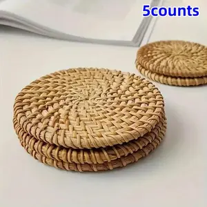 Woven Rattan Coaster, 5 Counts Round Rattan Cup Plate Coaster, Table Decoration for Home Kitchen Dining Room, Rattan Placemat
