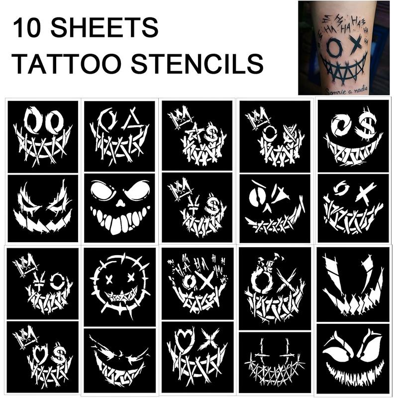 10-Color Temporary Tattoo Markers for Skin, Paint Pen Set with Fun Stickers, 10 Sheets Tattoo Stencils of Assorted Colors for kids and Adults, Flexible Brush Tip, Bright colors, Skin-Safe, Cosmetic-Grade