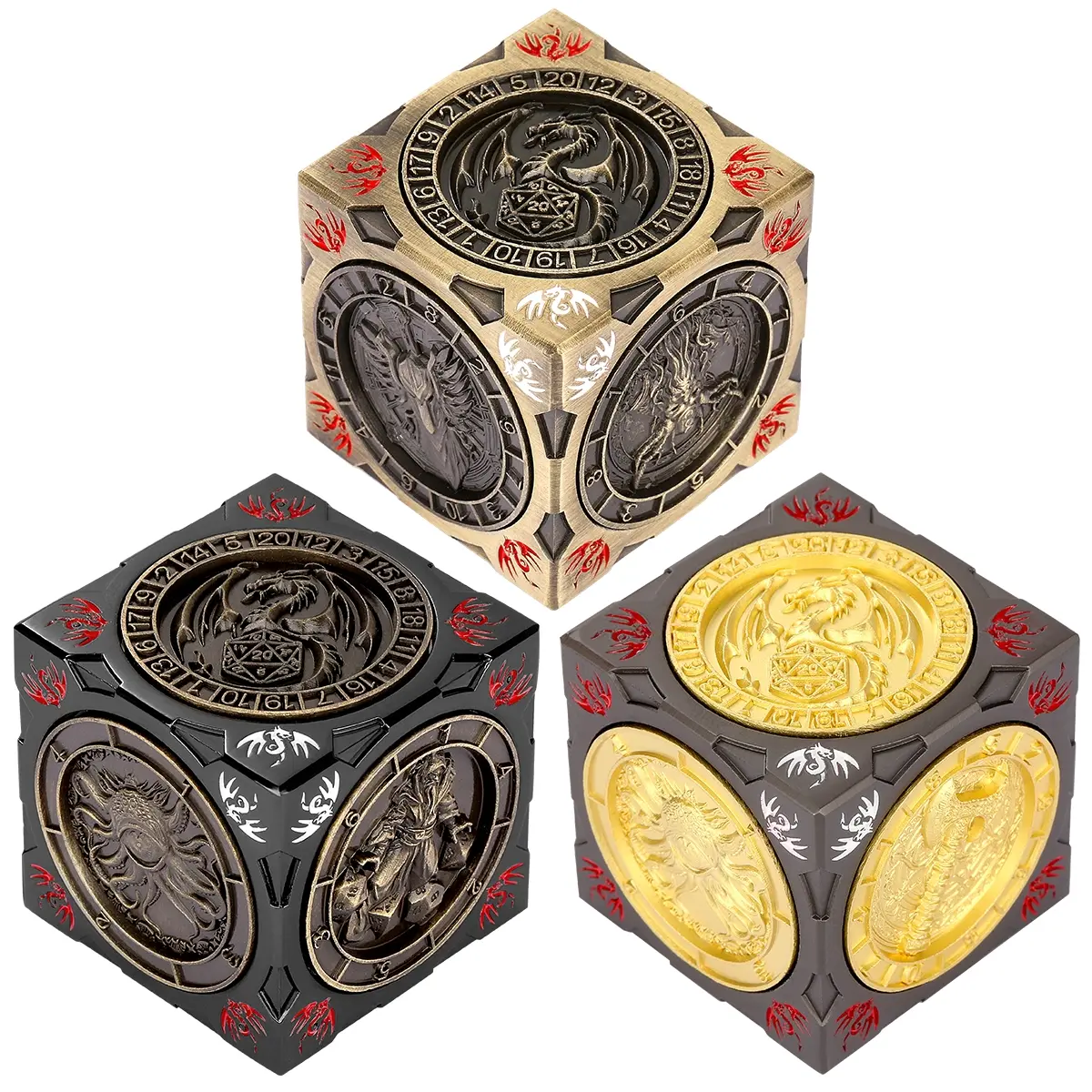 New DND Fingertip Spinner Dice, 7-in-1 Multifunction Durable Metal Dice Set with 3D Pattern, Polyhedral Rotating Game Dice, for DND Gifts with Dragon Logo Gift Box, Role Playing Board Game Accessories
