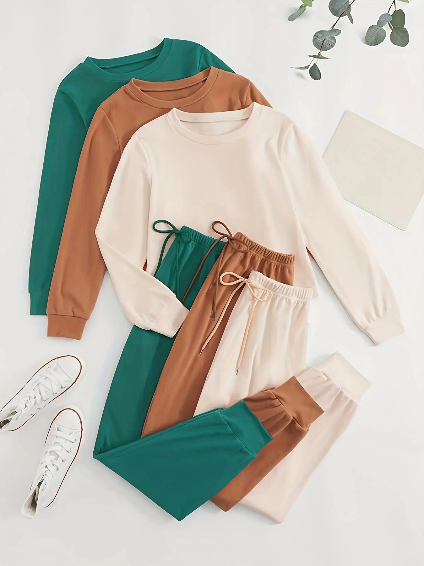 Women's Solid Color Long Sleeve Tee & Tie Front Elastic Waist Pants Loungewear Set, Casual Comfy Round Neck Top & Trousers PJ Set, Ladies Sleepwear fo