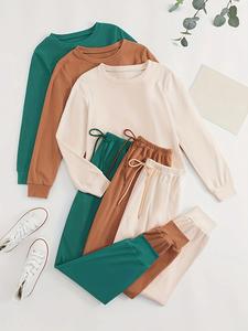 women's solid color long sleeve tee & tie front elastic waist pants lounge wear set, casual comfortable comfy round neck top & trousers pajama set, lounge sets, ladies sleep clothes for spring & fall, pyjamas for women, pajama pants set