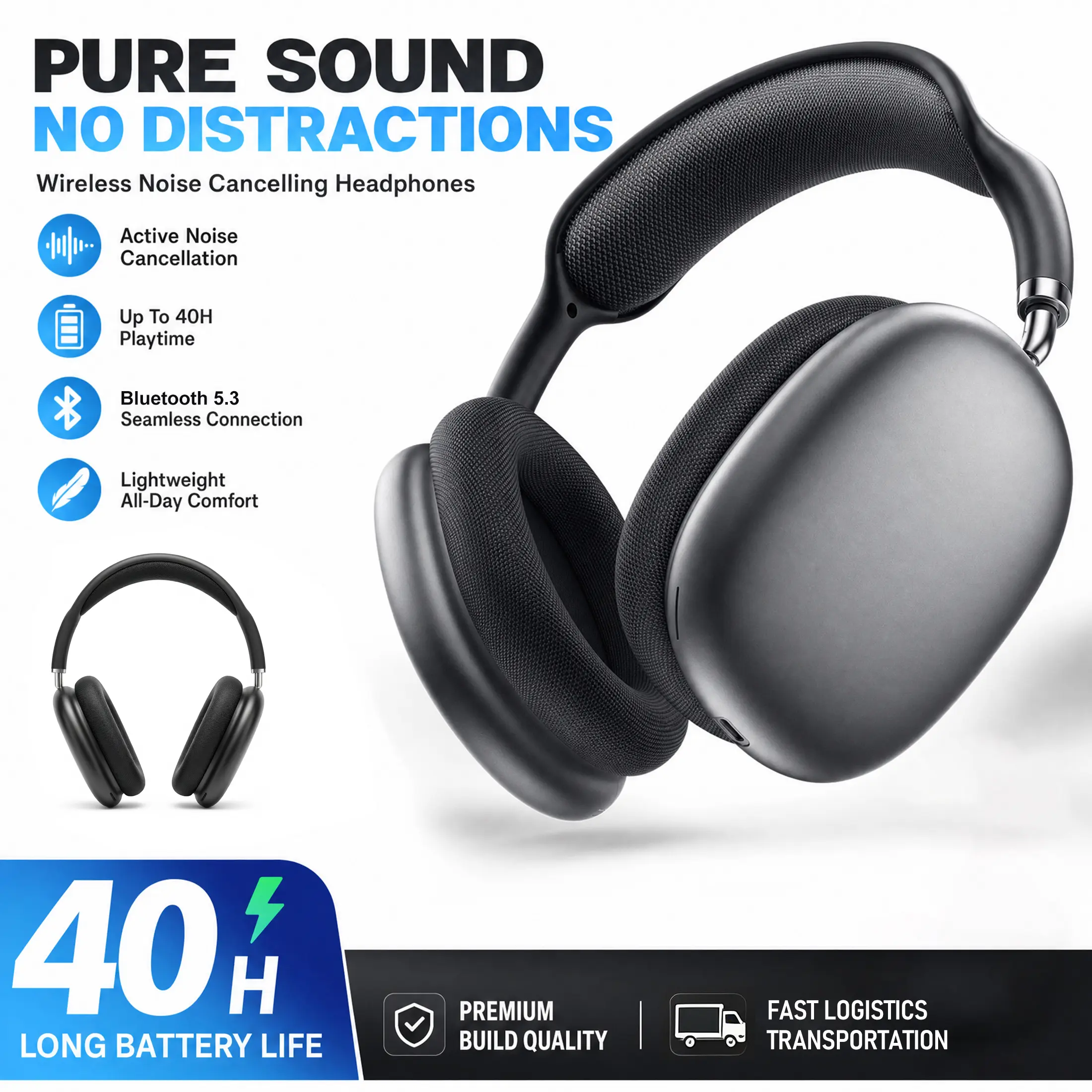 Keai Wireless Over-Ear Electronic Headphones, ANC Noise-Canceling Bluetooth Headset with Foldable Magnetic Earcups, HiFi Stereo Audio, Waterproof for PC/Mobile, Work, Travel