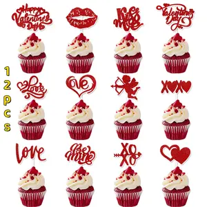12pcs Valentine's Day Paper Cake Flags, Romantic Party Decorations, Love Expressions, Cupcake Toppers, Birthday Cake Ornaments