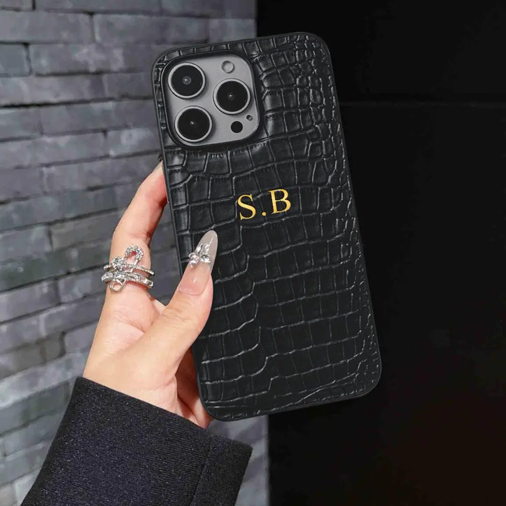 Personalized Case For iPhone 11 12 13 14 15 16 17 Pro Max Customized Initials Name LettersLuxury Crocodile Leather Gift Cover