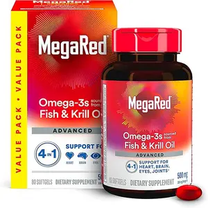Megared Omega-3 Fish Oil + High Absorption Krill Oil 500mg Softgels, MegaRed Advanced 4in1 (80 count in a bottle) Concentrated Omega-3 Fish & Krill Oil Supplement