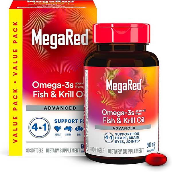 Megared Omega-3 Fish Oil + High Absorption Krill Oil 500mg Softgels, MegaRed Advanced 4in1 (80 count in a bottle) Concentrated Omega-3 Fish & Krill Oil Supplement