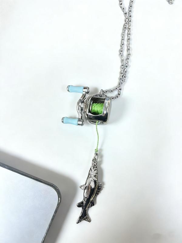 Mini Fishing Reel Necklace, Rotating Handle, Detachable Line Ring, Spinning Wheel Keychain, Portable Pendant for Fishing Enthusiasts