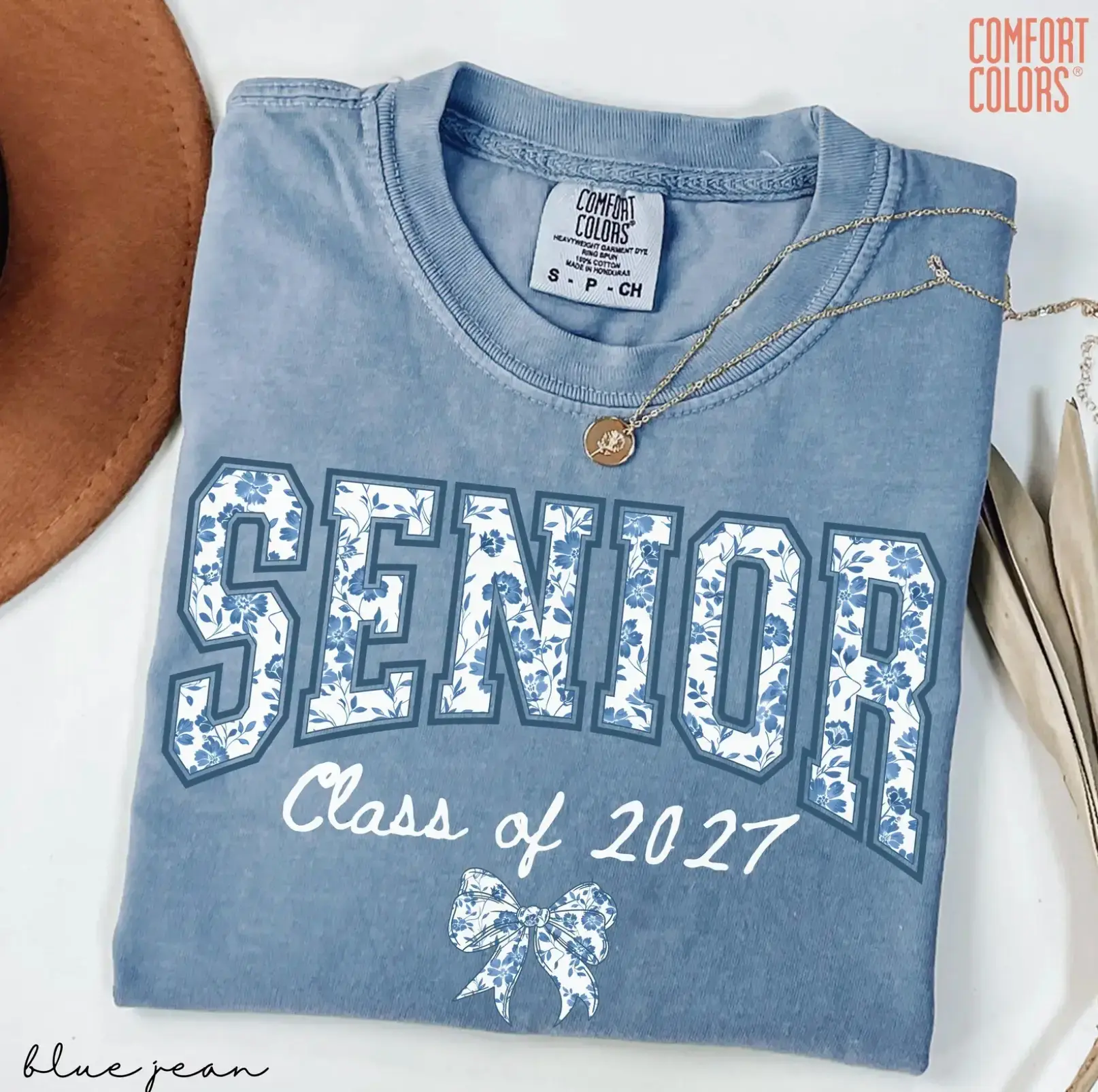 Senior Class 2027 Graphic T-Shirt, Blue Floral Senior Class of 2027 Graphic Tee, Bow Graduation Shirt, Comfort Colors Senior Year Gift for Girls