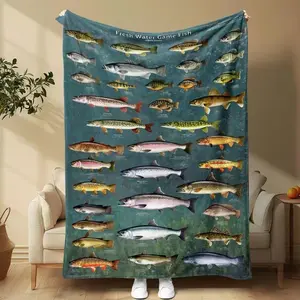 Fishing Game Fish Flannel Blanket, Warm Cover for Fishing Enthusiasts, Ideal Gift for Friends and Family, Home Decor, Travel and Camping, Soft Cozy Blanket