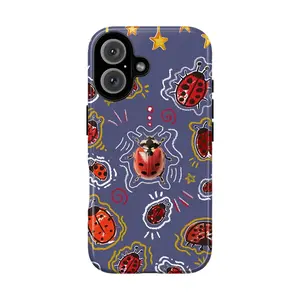 Ladybug Collage Phone Case, Real + Cartoon Mix on Dark Blue with Stars Swirls Sketch Lines Vibes, fashion vibes playful eclectic gift play now, iPhone 17 16 15 14 13 12 Pro Max Plus X, Galaxy S25 S24 S23 S22 Ultra