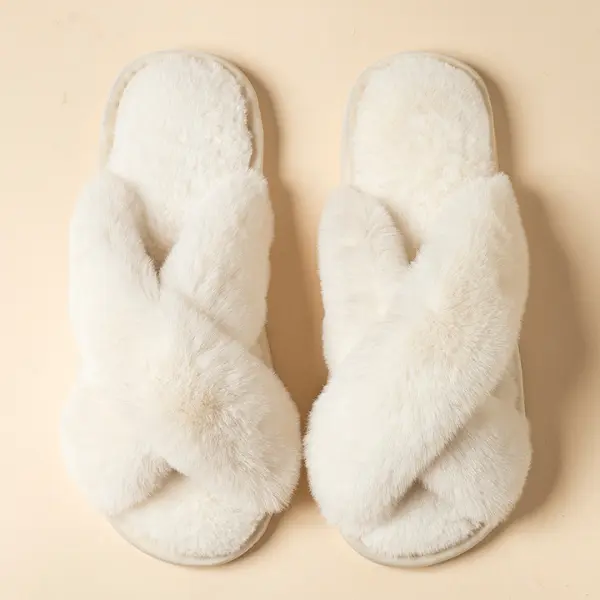 Women's Plush Cross Faux Fur House Slippers, Soft Open Toe Cross Band Slides, Cozy Indoor Slippers, Lightweight House Footwear, Comfortable Lounge Shoes, Cute Gifts for Mom, Fluffy Slippers, Warm Cute Chic Slippers