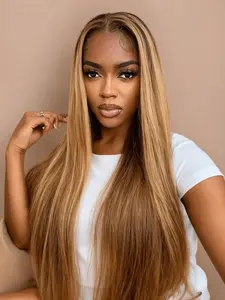 Honey Blonde 4/27 Highlight Ombre 5x5 Straight Lace Front Wigs Human Hair Glueless Pre Cut Pre Plucked 180% Density Wear And Go Wig Brazilian Straight Wig