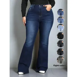 [Plus Size] Plain Pocket Flare-Leg Jeans with Pocket, Casual Comfy Bell Bottom Denim Pants for Daily Wear, Women's Clothing for All Seasons