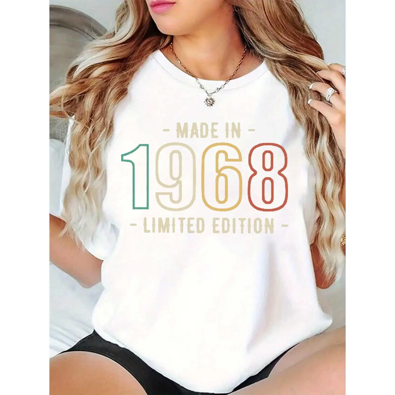 Women's 1968 Limited Edition Bold Graphic Print Crew Neck Pure Cotton Tops - Lightweight, Breathable, Fit Tee for Birthday Celebrations & Casual Daily Outings, Tshirt, Comfortable, Round Neck, Relaxed Fit, Loose-Fitting