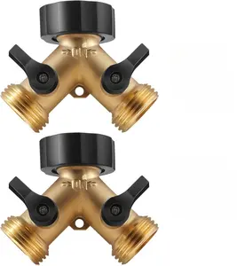 IPOW Solid Brass Body Backyard 2 Way Y Valve Garden Hose Connector Splitter Adapter + Extra 4 Rubber Hose Washers with Comfort Grip, 2 Pack