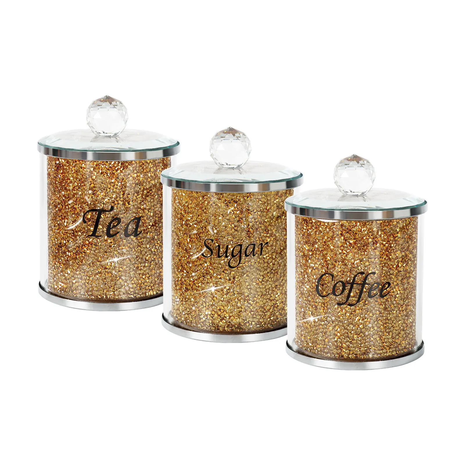Kitchen Canister Set - 3-Pack Wide Mouth Sparkling Crystal Glass Containers with Silver Lids, Labels, Crushed Diamond Design, Compact Food Jars for Coffee, Sugar, Ideal Housewarming & Mother's Day Gift, Organizer