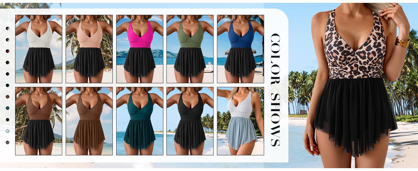 Aidonger Women's One Piece Swim Dress Swimsuit Tummy Control Mesh Swimdress V Neck Bathing Suit Skirt Tie Back Swimwear