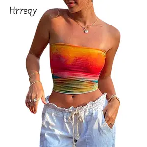 Women Wrap Chest Tube Tops Print Boat Neck Strapless Tank Tops Summer Backless Bandeau Crop Tops