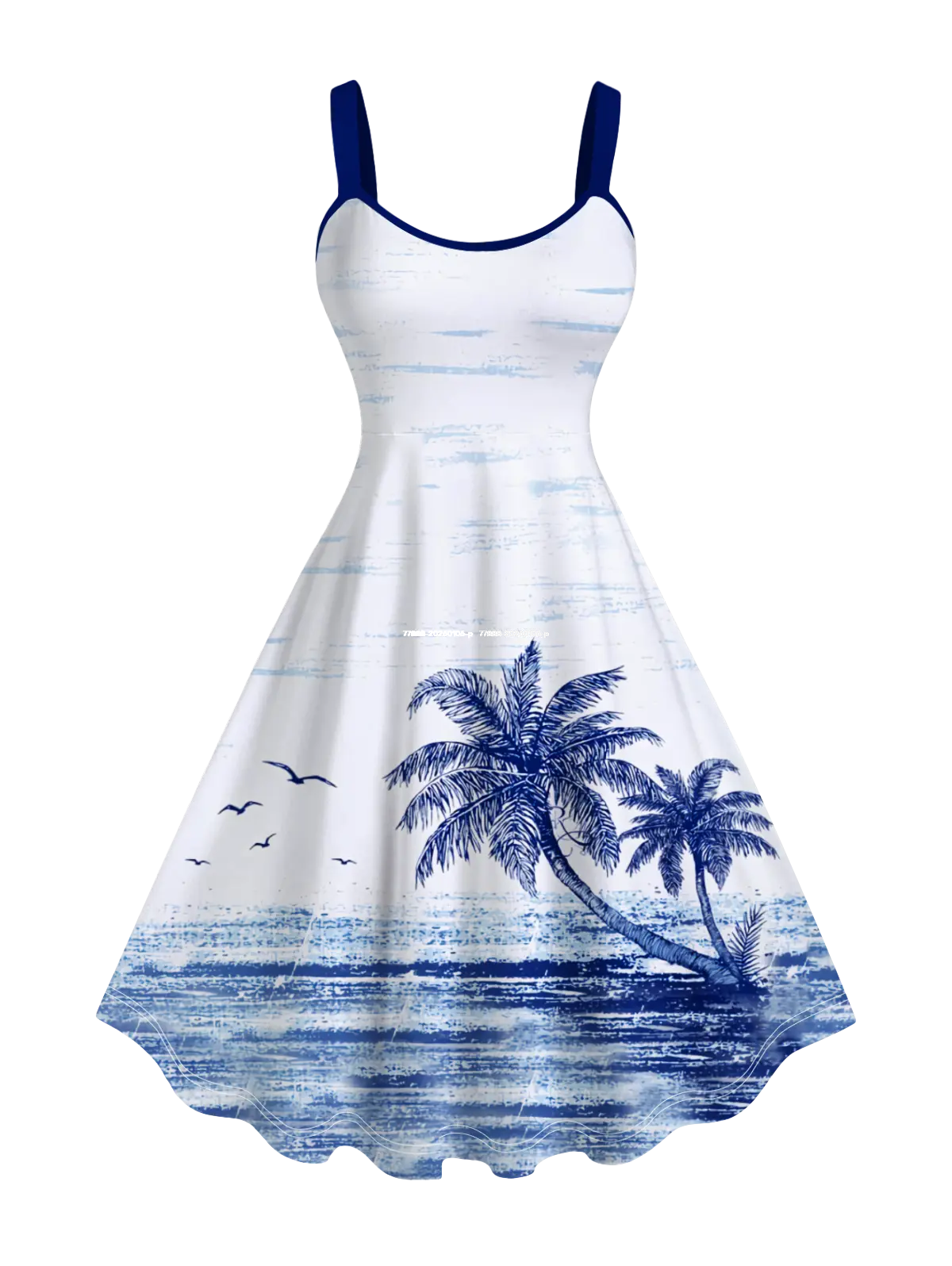 Rosegal Women's Plus Size Spaghetti Strap Pull-On Casual Wear Tank Dress - Sleeveless Seascape Casual Dress with Tropical Sea, Coconut Tree, Seagull, Cloud Print for Hawaii Beach Vibe, Seascape Casual Dresses