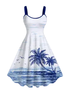 Rosegal Plus Size Tropical Sea Coconut Tree Seagull Cloud Print Hawaii Tank Dress