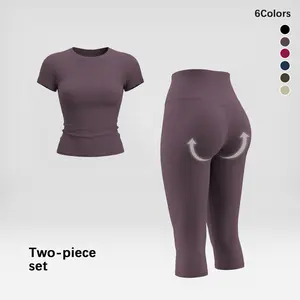 Premium 2 Piece Matching Sets Women, Buttery Soft Slimming T-Shirt and Peach Lift Capri Pants Set, Seamless Tummy Control Gym Outfit for Fitness Training Running, Lightweight Breathable Yoga Set