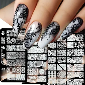 4 Pcs Lace Edge Nail Art Transfer Plate Set, Floral Paisley Pattern Wedding Season Elegant Design DIY Mold Nail Tools