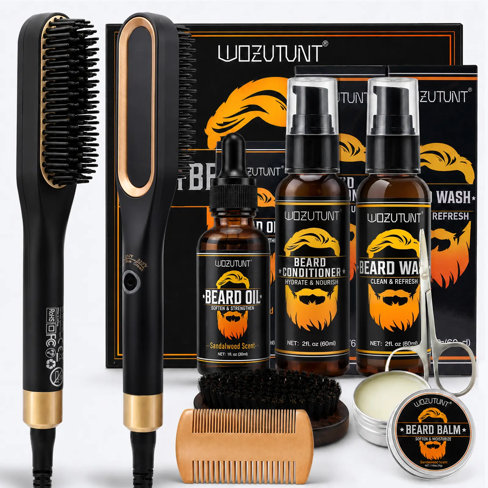 Men's Grooming Straightener Kit with Heated Brush, Oil, Balm, Conditioner, Wash, Comb – Travel-Friendly, Auto Shut-Off, Anti-Scald for All Types, Unique Gift for Him