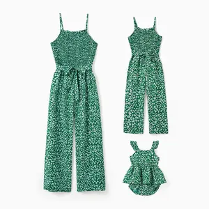 PatPat Matching Floral Print Green Smocked Strap Jumpsuits for Mommy and Me