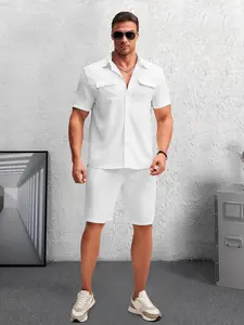 Men's White Minimalist Dual-Pocket Home Loungewear 2-Piece Set, Outfit - Short-Sleeve Lapel Button-Down Shirt + Elastic Waist Shorts, Lightweight Breathable Fabric, Relaxed Casual Fit, Ideal for Lazy Weekends, At-Home Relaxation & Casual Unwinding