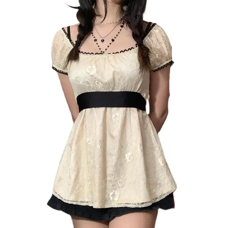 Newstyle Xingqing 2025 Sweet Fairy Grunge Lace A Line Dresses Summer Patchwork Puff Sleeve Kawaii Dress 2000s Aesthetic Outfits