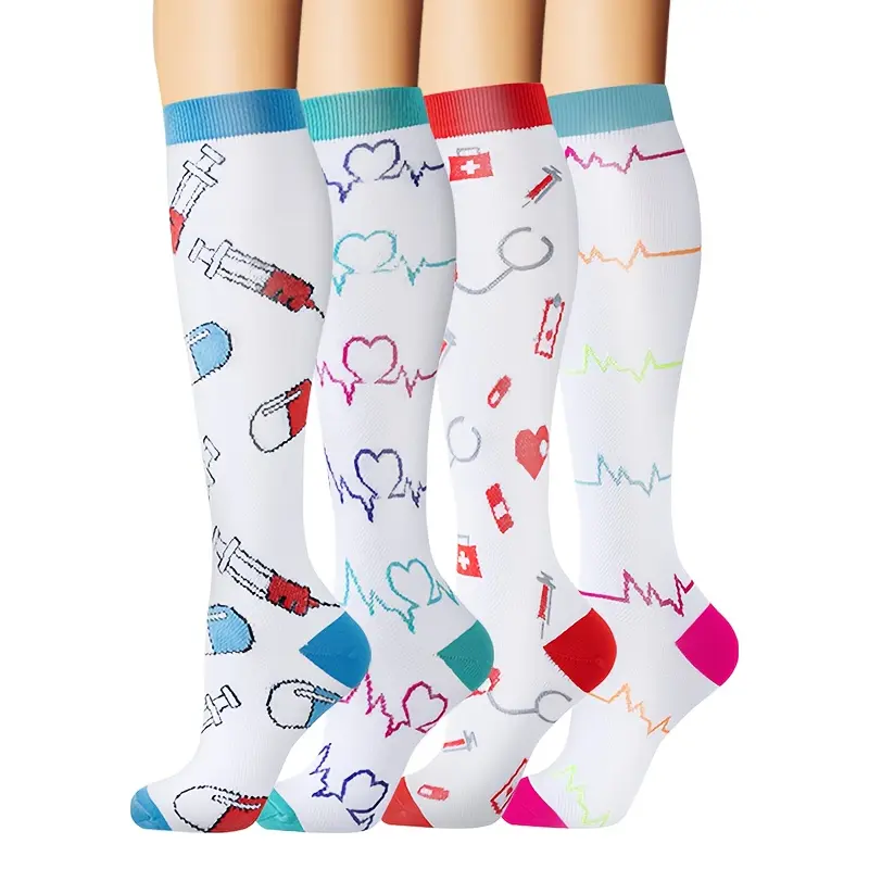 [Cartoon Compression Socks] 4pcs Cartoon Compression Knee-High Socks - Stretchy Elastane/Polyester Blend, Machine Washable, Ideal for Nurses & Yoga, All Seasons