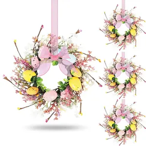 Easter Egg Candle Ring Wreath Set, Mini Artificial Spring Easter Berry Wreath, Hanging Front Door Kitchen Cabinet Decor, Includes Ribbon, Hanging Decoration