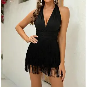 Women's Tassel Tie Back Deep V Neck Bodycon Romper, Sleeveless Criss Cross Backless Romper, Fallfashion Sexy Onesies for Lady, Fall Outfits, Womenswear, Ladies Romper for Party Club, Jumpsuits for Homecoming Dresses Christmas, Valentine's Day Gift