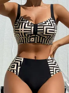 Women's Geometric Print Bikini Set, Casual Fashion Chic Swimsuit Set for Beach Swimming Holiday Vacation, Ladies Swimwear for All Seasons, Colorblock Bikini Set, Bikinis Sets