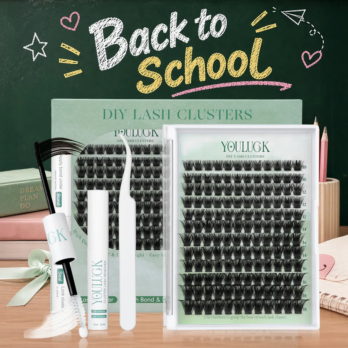 Enchantress Lashes | YOULUCK Lash Extension Kit Waterproof Long-Lasting Fluffy & Weightless Look with Ultra-Thin Band Glue Remover Tweezer for Beginners,back to school