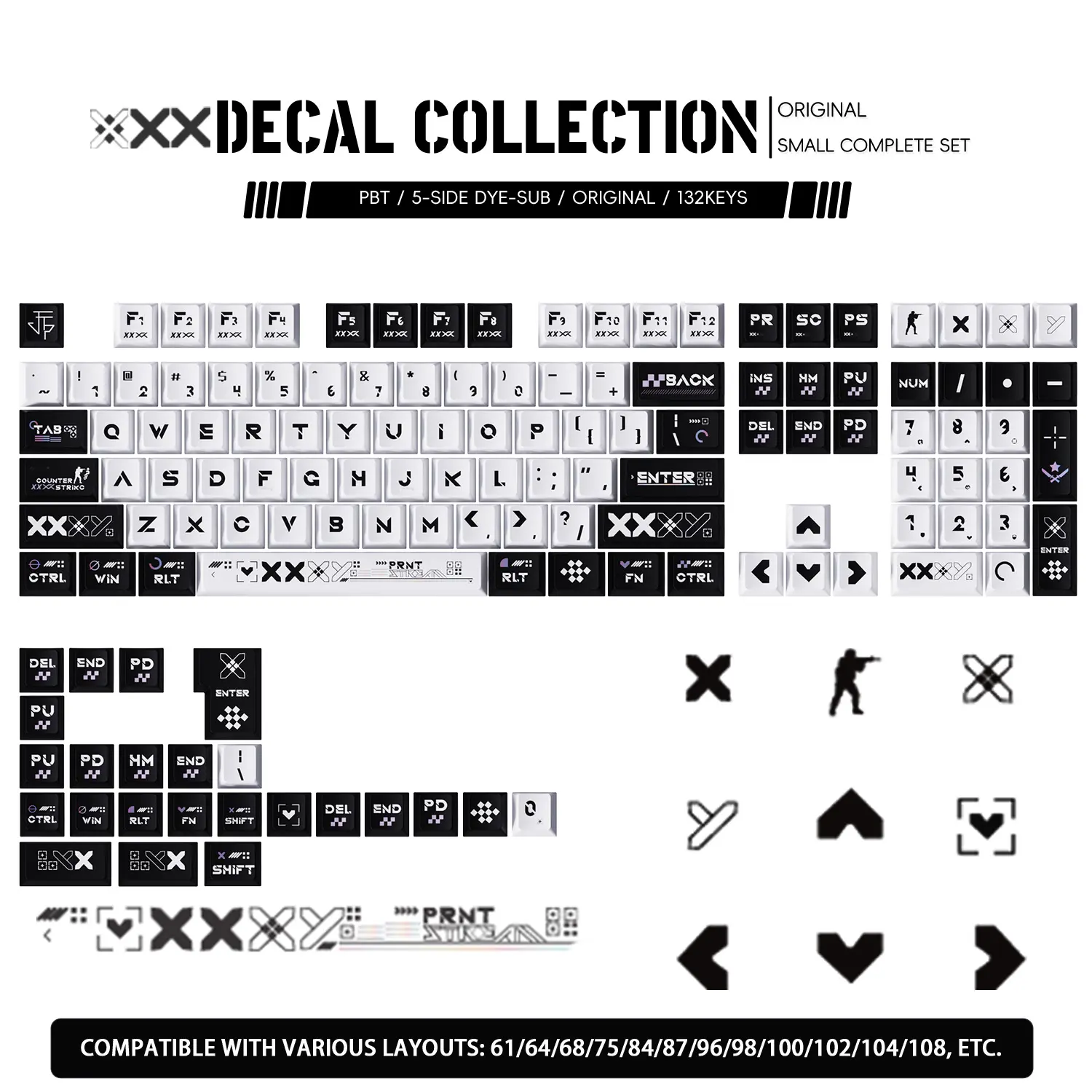 Original PBT 5-Side Dye-Sub Keycap Set, 132-Keys Small Complete Set Compatible with 61/64/68/75/84/87/96/98/100/102/104/108-Layout Mechanical Keyboards (Computer Accessories)
