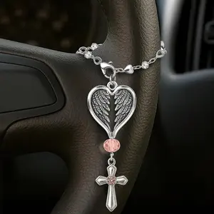 Guardian Heart Wing Cross Charm, Silver Color Pendant with Crystal, Elegant Decoration for Car Steering Wheel & Handbag Accessories