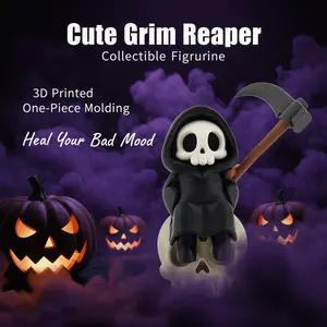 Cute Grim Reaper Figurine - 3D Printed Halloween Decor, Gothic Desk Ornament with Movable Scythe, Spooky Collectible Gift for Office/Home