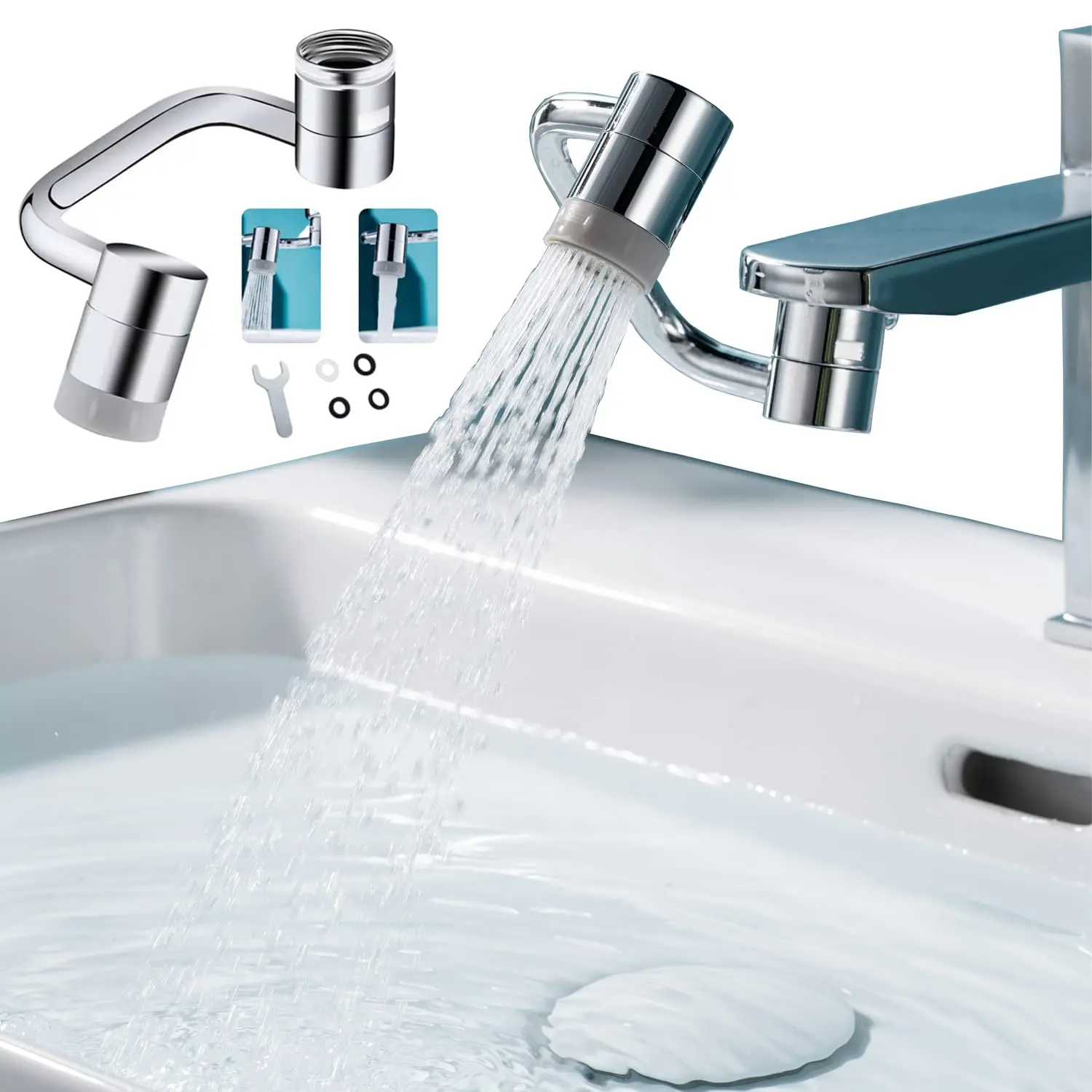 1080° Swivel Stainless Steel Faucet Extender Splashproof Dual Spray Mode Bathroom Sink Accessories Universal, with Adapter