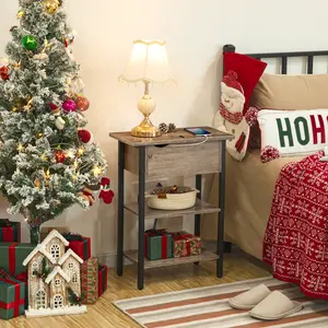 HOOBRO Flip End Table with Charging Station and Shelves, Greige and Black Side Table, USB Ports & Power Outlets, Narrow Nightstand for Small Spaces#SpringSale #BigSpringSale