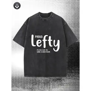 230g washed cotton, Proud Lefty print, high-quality fabric, round neck and short sleeves, playful design with elbow room message, perfect for casual wear and as a thoughtful gift.